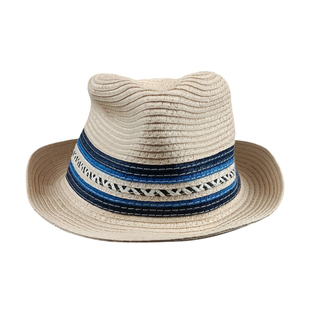 Mens Primark Straw Fedora Hat Beige Blue Band Casual Summer Beach Sun‎ M/L
